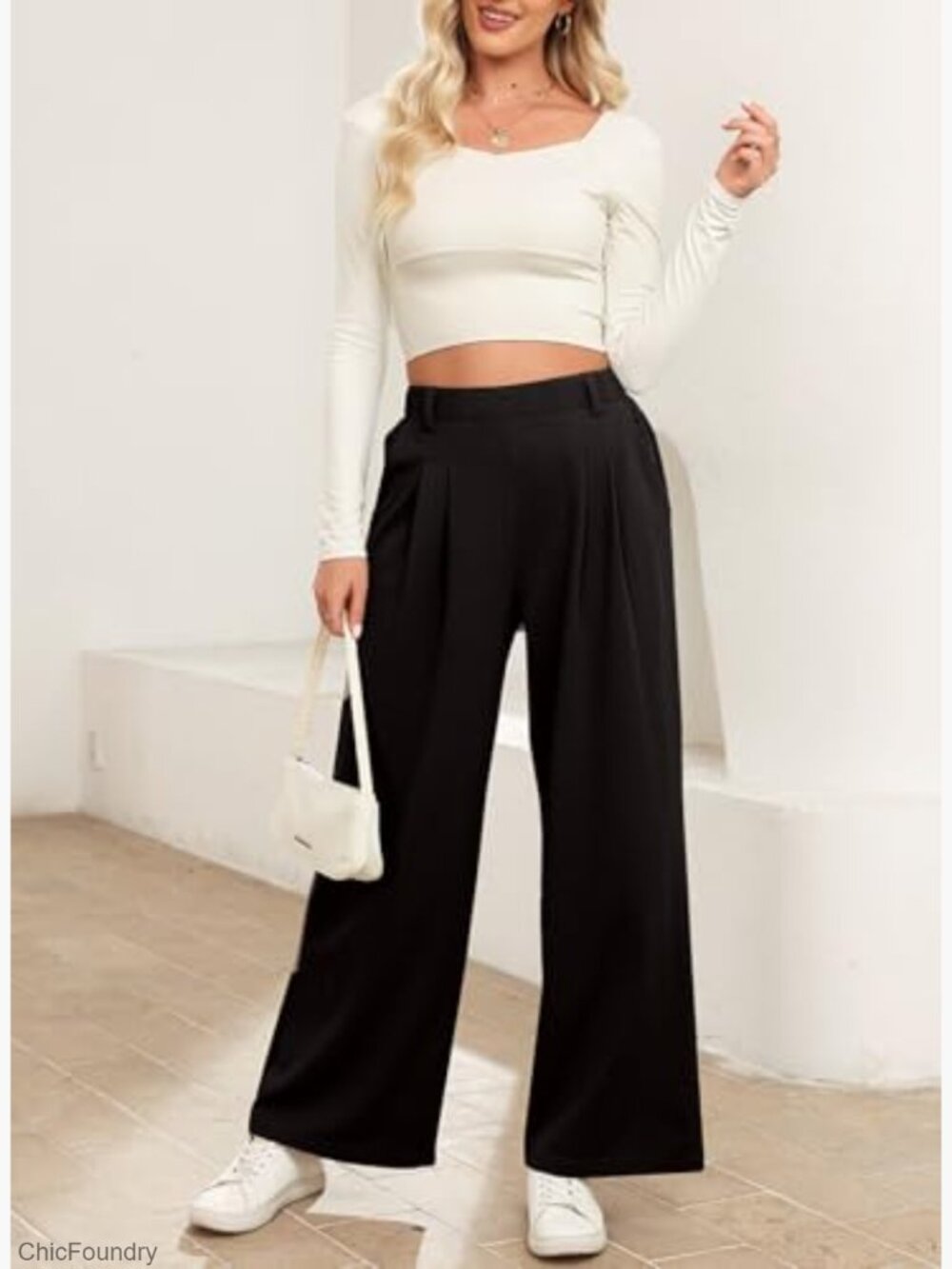 Wide Leg Palazzo Pants High Waisted Waffle Knit Work Trousers Pockets - Picture 2 of 7